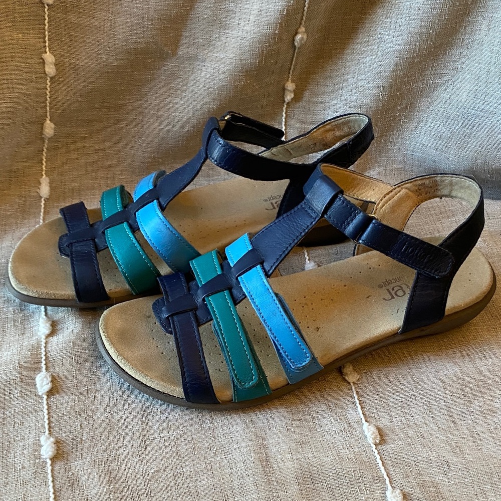 Hotter Blue, Teal tonal Leather Strappy Sandals comfort cushion soles UK 4.5